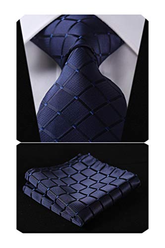 HISDERN Comprobar lazo de la boda Pa?uelo Hombres Corbata & Plaza de bolsillo Conjunto azul marino