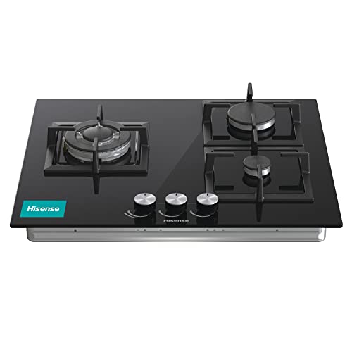 Hisense GG633B - Placa de Gas Natural, 3 Zonas, 60 cm, Parrilla de Hierro Fundido y Cristal Templado Negro, Autoencendido Integrado en los mandos, Seguridad GasStop, Fácil limpieza