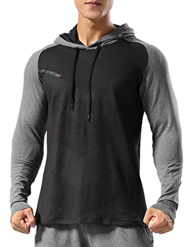 Hombre Forrado térmico Sudadera con Capucha atlética Pull-Over Manga Larga Ejercicio Fitness Running Invierno Otoño Negro Golpe Gris L