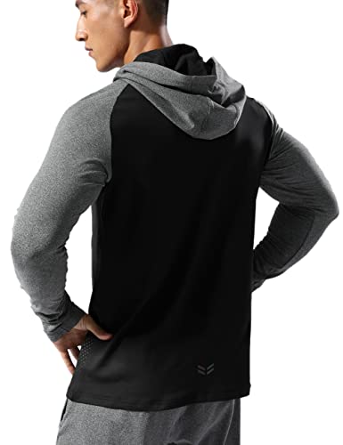 Hombre Forrado térmico Sudadera con Capucha atlética Pull-Over Manga Larga Ejercicio Fitness Running Invierno Otoño Negro Golpe Gris L