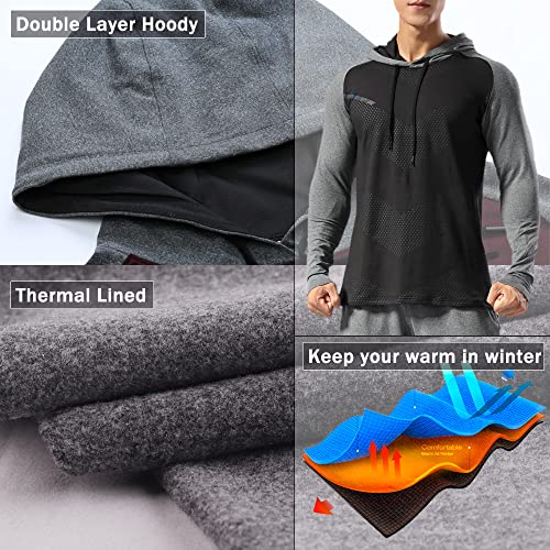 Hombre Forrado térmico Sudadera con Capucha atlética Pull-Over Manga Larga Ejercicio Fitness Running Invierno Otoño Negro Golpe Gris L