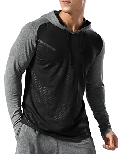 Hombre Forrado térmico Sudadera con Capucha atlética Pull-Over Manga Larga Ejercicio Fitness Running Invierno Otoño Negro Golpe Gris L