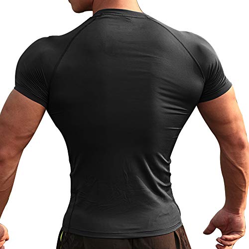 Hombres Apretado Compresión Capa Base Manga Corta Camiseta Culturismo Tops Poliéster y Spandex Negro L