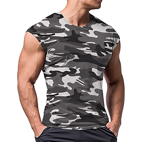 Hombres Atlético Playeras Camisetas Corto Manga Músculo Cortar para Culturismo Rutina de Ejercicio Formación Aptitud Tops Cuello Algodón Negro Camo L