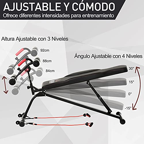 HOMCOM Banco de Abdominales Plegable Ajustable en Altura con 4 Ángulos Soporte para Piernas Ergonómico Multifuncional Banco de Ejercicio 44,5x143x84-92 cm Negro