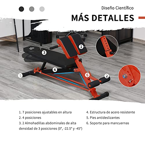 HOMCOM Banco de Mancuerna Banco Abdominales con Respaldo Inclinable en 3 Posiciones y Altura Ajustable Banco de Pesas Musculación para Fitness Entrenamiento 64x146x73,5-85 cm Negro