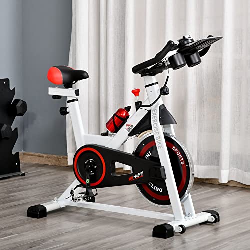 HOMCOM Bicicleta Estática Bicicleta de Fitness Pantalla LCD Asiento Manillar Ajustable Volante de Inercia 8kg Resistencia Regulable 103x53x110-114 cm Acero Blanco