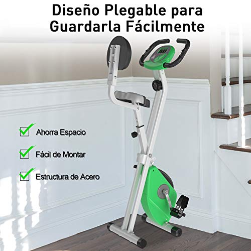 HOMCOM Bicicleta Estática para Ejercicios Profesional Bicicleta Vertical Plegable de Forma X con 8 Niveles Resistencia Magnética Asiento con Altura Ajustable Acero 43x97x109 cm Verde