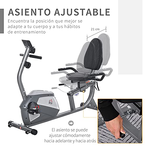 HOMCOM Bicicleta Estática Reclinada con Pantalla LCD y Volante de Inercia de 3 kg Resistencia Magnética de 8 Niveles Asiento Ajustable 121,5-136x62,5x98 cm Gris