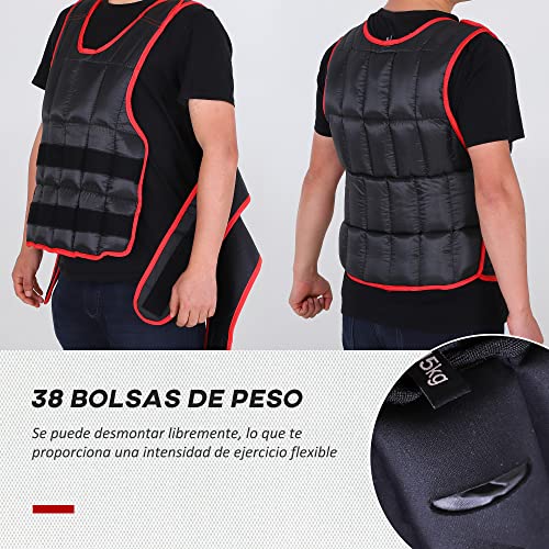 HOMCOM Chaleco Ajustable para Entrenamiento Pesos Individuales hasta 15Kg Cierres de Velcro Doble Cinturón 40x59 cm Negro y Rojo