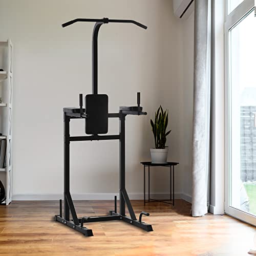 HOMCOM Estación de Fondos Power Tower Torre Multifuncional con Barra de Dominadas Acero para Fitness Entrenamiento en Gimnasio Casa Carga Máx. 120 kg 110x97x227 cm Negro