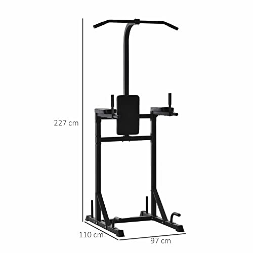 HOMCOM Estación de Fondos Power Tower Torre Multifuncional con Barra de Dominadas Acero para Fitness Entrenamiento en Gimnasio Casa Carga Máx. 120 kg 110x97x227 cm Negro