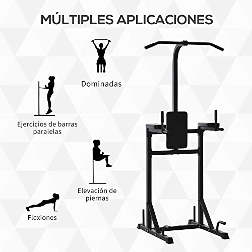 HOMCOM Estación de Fondos Power Tower Torre Multifuncional con Barra de Dominadas Acero para Fitness Entrenamiento en Gimnasio Casa Carga Máx. 120 kg 110x97x227 cm Negro