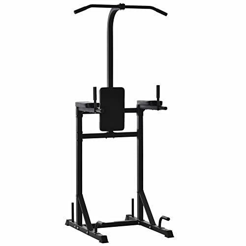 HOMCOM Estación de Fondos Power Tower Torre Multifuncional con Barra de Dominadas Acero para Fitness Entrenamiento en Gimnasio Casa Carga Máx. 120 kg 110x97x227 cm Negro