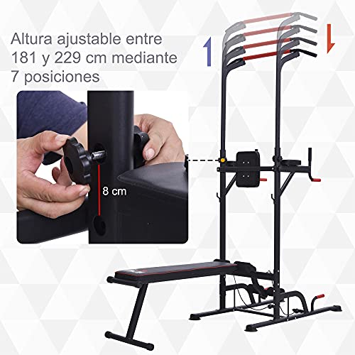 HOMCOM Estación de Musculación Multifuncional Torre de Entrenamiento Ajustable en Altura con Banco Plegable Barra de Dominadas para Fitness 220x98x181-229 cm Negro