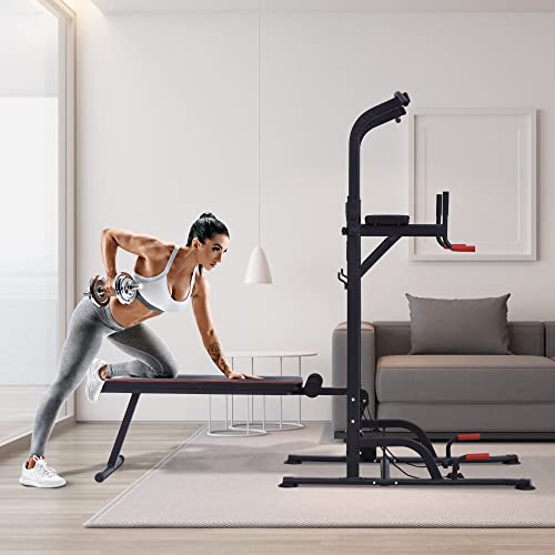 HOMCOM Estación de Musculación Multifuncional Torre de Entrenamiento Ajustable en Altura con Banco Plegable Barra de Dominadas para Fitness 220x98x181-229 cm Negro