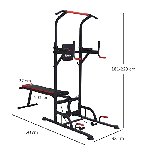 HOMCOM Estación de Musculación Multifuncional Torre de Entrenamiento Ajustable en Altura con Banco Plegable Barra de Dominadas para Fitness 220x98x181-229 cm Negro