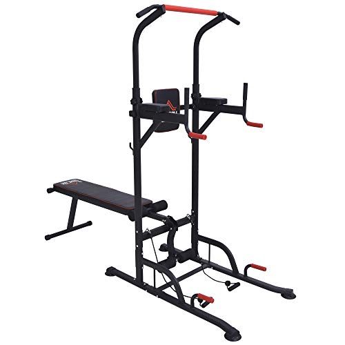 HOMCOM Estación de Musculación Multifuncional Torre de Entrenamiento Ajustable en Altura con Banco Plegable Barra de Dominadas para Fitness 220x98x181-229 cm Negro