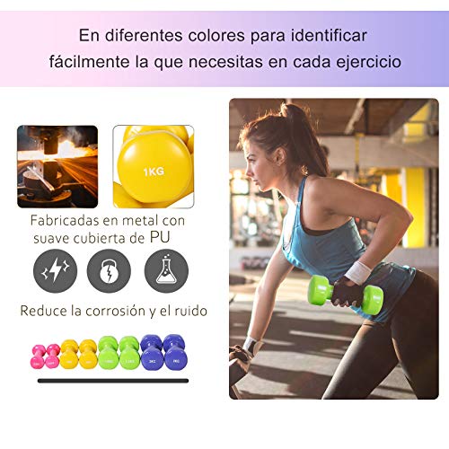 HOMCOM Juego de 8 Mancuernas 4 Pares de 0.5kg 1 kg 1.5 kg 2kg Caja Exterior para Gimnasio Ejercicios Entrenamiento en Casa Metal 41x30x8 cm Multicolor