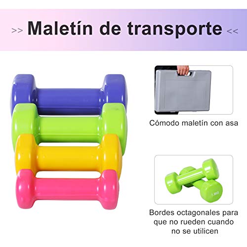 HOMCOM Juego de 8 Mancuernas 4 Pares de 0.5kg 1 kg 1.5 kg 2kg Caja Exterior para Gimnasio Ejercicios Entrenamiento en Casa Metal 41x30x8 cm Multicolor