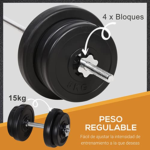 HOMCOM Juego de Pesas con Mancuernas y Barra Pesos Ajustables 2en1 con Discos para Culturismo Entrenamiento Fitness en Hogar Gimnasio Negro