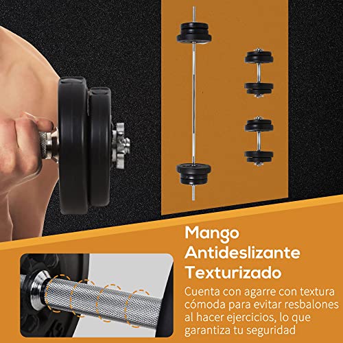 HOMCOM Juego de Pesas con Mancuernas y Barra Pesos Ajustables 2en1 con Discos para Culturismo Entrenamiento Fitness en Hogar Gimnasio Negro