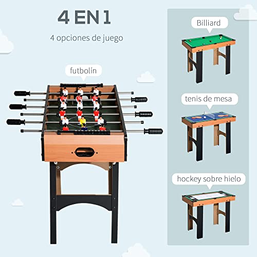 HOMCOM Mesa Multijuegos 4 en 1 Incluye Futbolín Air Hockey Ping-Pong y Billar Juguete de Madera para Niños y Adultos 87x43x73cm