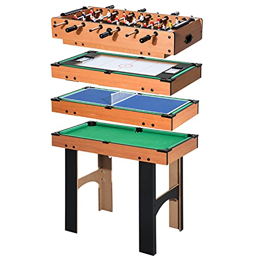 HOMCOM Mesa Multijuegos 4 en 1 Incluye Futbolín Air Hockey Ping-Pong y Billar Juguete de Madera para Niños y Adultos 87x43x73cm