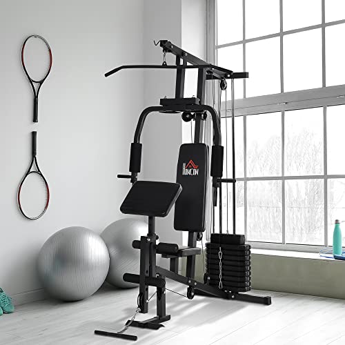 HOMCOM Multiestación Máquina de Musculación con Estribo para Piernas Poleas y Placas de Peso de 45 kg para Entrenamiento Fitness en Hogar Gimnasio 148x108x207 cm Negro