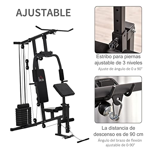 HOMCOM Multiestación Máquina de Musculación con Estribo para Piernas Poleas y Placas de Peso de 45 kg para Entrenamiento Fitness en Hogar Gimnasio 148x108x207 cm Negro