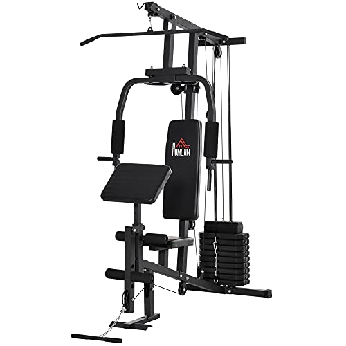 HOMCOM Multiestación Máquina de Musculación con Estribo para Piernas Poleas y Placas de Peso de 45 kg para Entrenamiento Fitness en Hogar Gimnasio 148x108x207 cm Negro