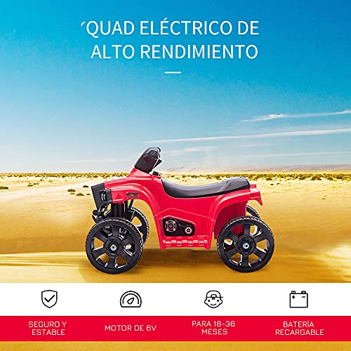 HOMCOM Quad Eléctrico para Niños 18-36 Meses Cuatrimoto Infantil a Batería 6V con Faros Bocina Velocidad 0-3 km/h Avance y Retroceso 65x40x43 cm Rojo