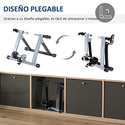 HOMCOM Rodillo de Bicicleta Entrenamiento Plegable con Resistencia Magnética para Ruedas de 650C/700C o 26-28 Pulgadas para Casa Interior Carga 135 kg 54,5x47,2x39,1 cm Plata