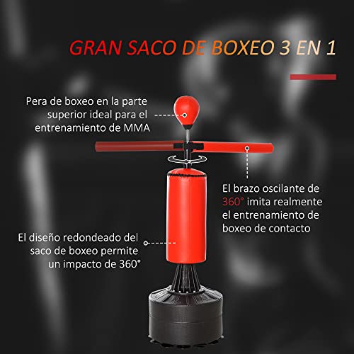 HOMCOM Saco de Boxeo de Pie con Bola de Velocidad y Barra Giratoria de 360° Punching Ball para Adultos y Niños 88x48x155-205 cm Negro y Rojo