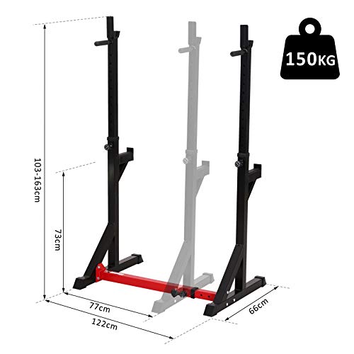 HOMCOM Soporte Ajustable para Barras de Pesas Estante Soporte Multifuncional para Ejercicios en Hogar y Oficina Carga 150 kg Altura Regulable de 103-163 cm Negro y Rojo