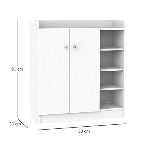 HOMCOM Zapatero Armario Madera Mueble Zapatero Gabinete 2 Puertas 4 Estantes Baldas Interiores Ajustables 83x30x90cm Blanco