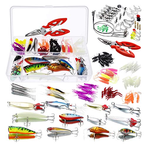 Homealexa Señuelos de Pesca, 123 Piezas Kits de Señuelos Pesca Accesorios Cebos Artificiales Articulos de Pesca Incluido la Caja Tackle, Ganchos, Tijeras, Cebos, Popper, Grillos y más