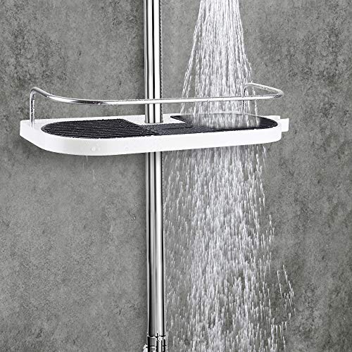 HOMEASY Estante para Baño, Estantería de Ducha Ajustable Sin Taladro con Ganchos, Artículos de Baño para Varilla de Ducha de 19mm-25mm(Blanco, Elíptico)