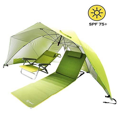 HOMECALL - Sombrilla refugio con ventana para protegerse del viento en la playa, poliéster resistente a los rayos UV, verde