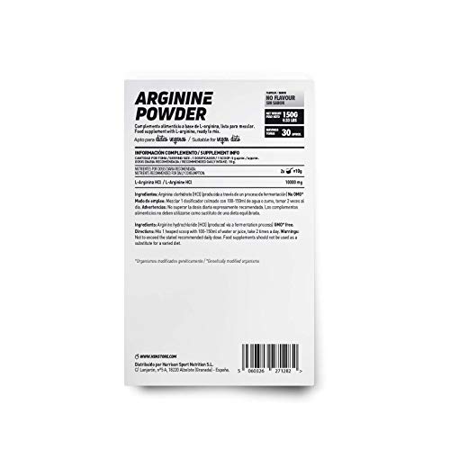 HSN Arginina HCL en Polvo Fórmula para Liberar Óxido Nítrico | Suplemento Deportivo para el Rendimiento | Vegano, Sin Lactosa, Sin Gluten, Sin Sabor, 150gr