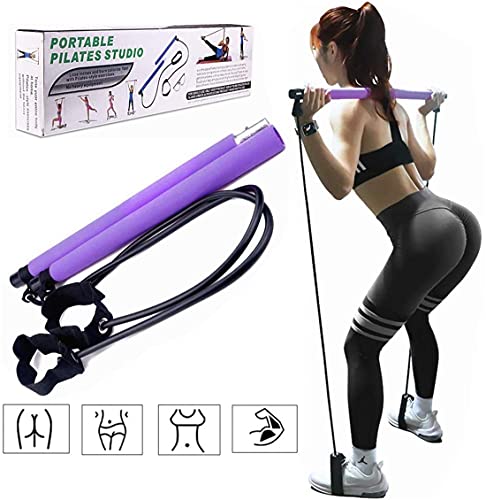 HUIRUMM Ajustable Barra de Pilates con Bandas de Resistencia, Maquinas de Gimnasio para Casa Pilates Portátile, para Yoga, Estiramiento, Escultura, Sentadillas, Entrenamiento en Gimnasio (Púrpura)