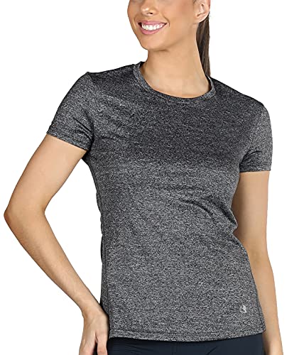 icyzone Camiseta de Fitness de Manga Corta para Mujer, Pack de 3 (L, Carboncillo/Jam/Rosado)