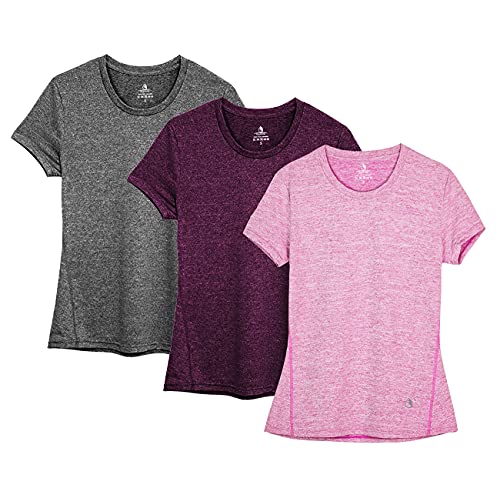 icyzone Camiseta de Fitness de Manga Corta para Mujer, Pack de 3 (L, Carboncillo/Jam/Rosado)