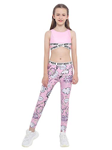 IEFIEL Conjuntos Deportivos para Niña Top Deportivo Estampado Moda+Leggings Largos Ropa Deporte de Correr Yoga Maillot Gimnasia Ritmica Rosa 7-8 años