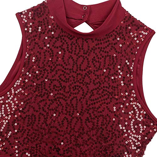 IEFIEL Maillot Lentejuelas de Danza Ballet para Mujer Maillot Sin Manga con Falda Irregular de Patinaje Artistico Vestido de Baile Latino Rojo Vino Small