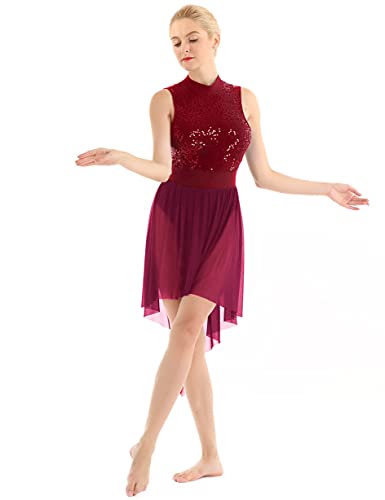 IEFIEL Maillot Lentejuelas de Danza Ballet para Mujer Maillot Sin Manga con Falda Irregular de Patinaje Artistico Vestido de Baile Latino Rojo Vino Small