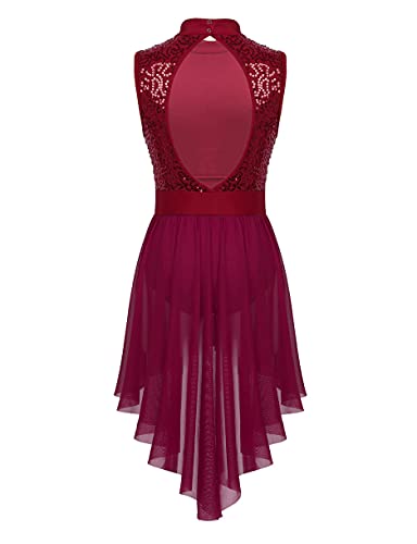 IEFIEL Maillot Lentejuelas de Danza Ballet para Mujer Maillot Sin Manga con Falda Irregular de Patinaje Artistico Vestido de Baile Latino Rojo Vino Small