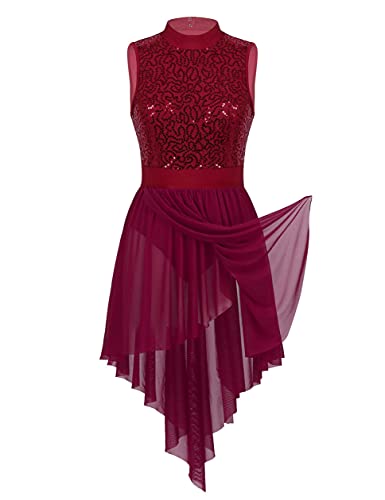 IEFIEL Maillot Lentejuelas de Danza Ballet para Mujer Maillot Sin Manga con Falda Irregular de Patinaje Artistico Vestido de Baile Latino Rojo Vino Small