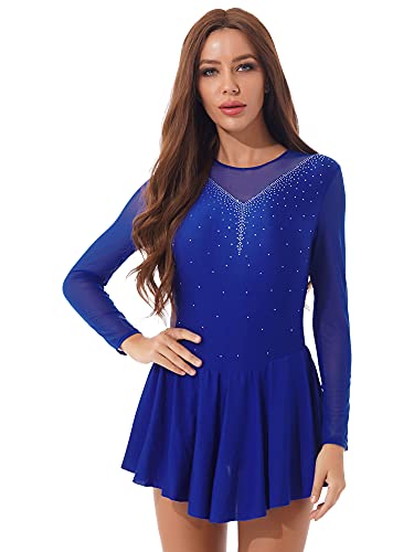 IEFIEL Maillot Manga Larga de Patinaje Artistico para Mujer Maillot Elegante de Gimnasia Ritmica Vestido de Danza Ballet Disfraz Bailarina Mujer A Azul Oscuro L