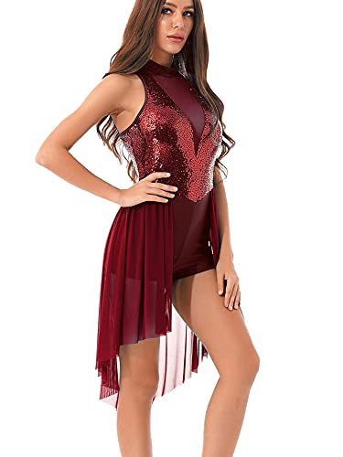 IEFIEL Vestido de Danza Ballet para Mujer Vestido Irregular de Danza Lirica Disfraz Bailarina de Fiesta Maillot de Patinaje Artistico Mujer F Vino XL